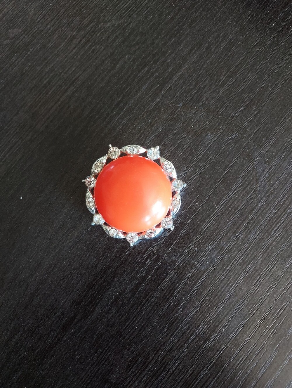 Orange Cabochon Halo Brooch - Silver Tone